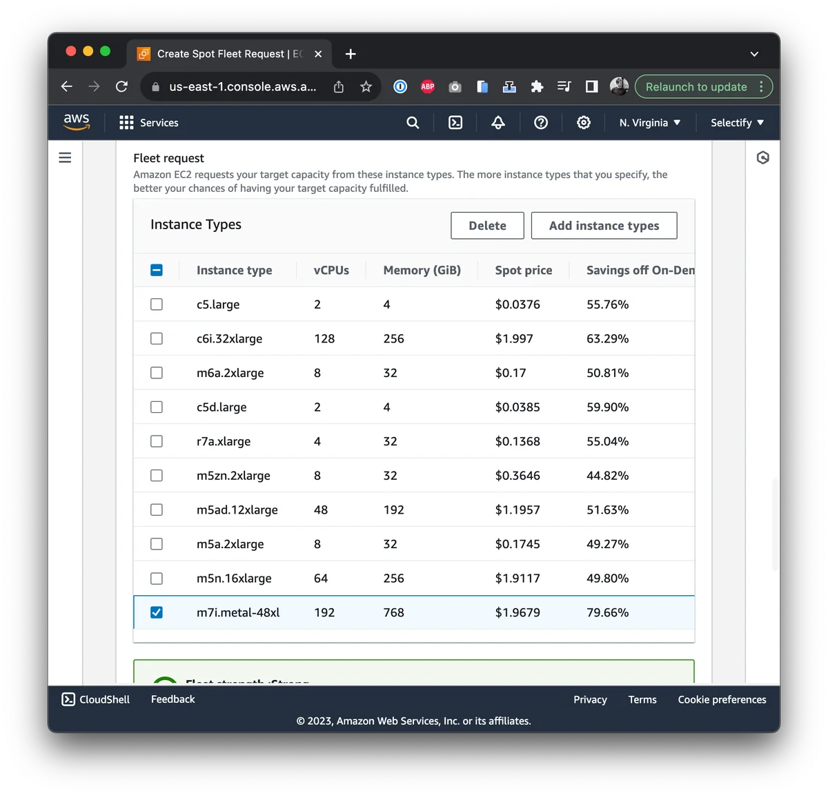 Screenshot of AWS device selection