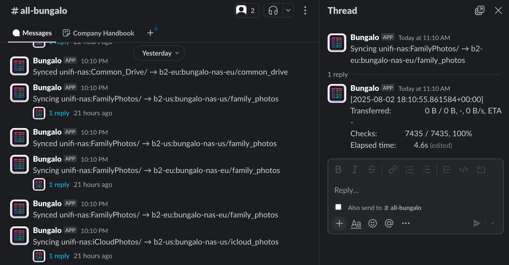 Screenshot of slack notifications