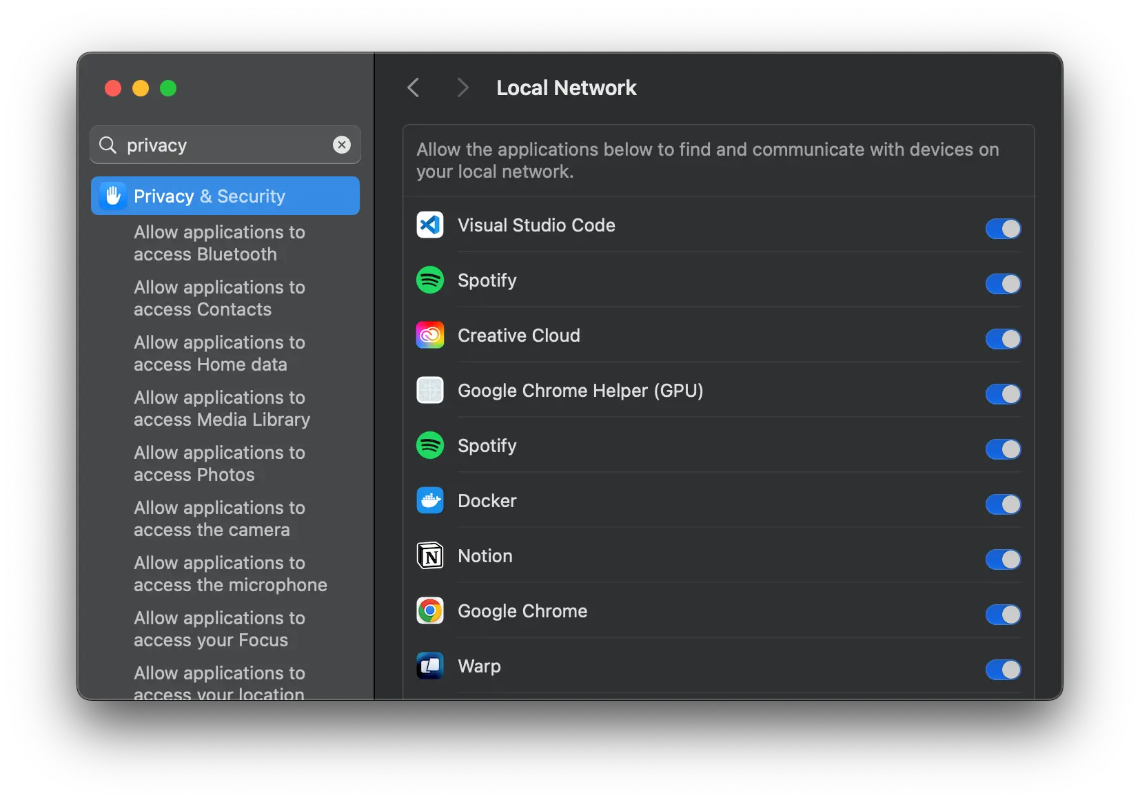 Screenshot of Local Network Privacy Settings