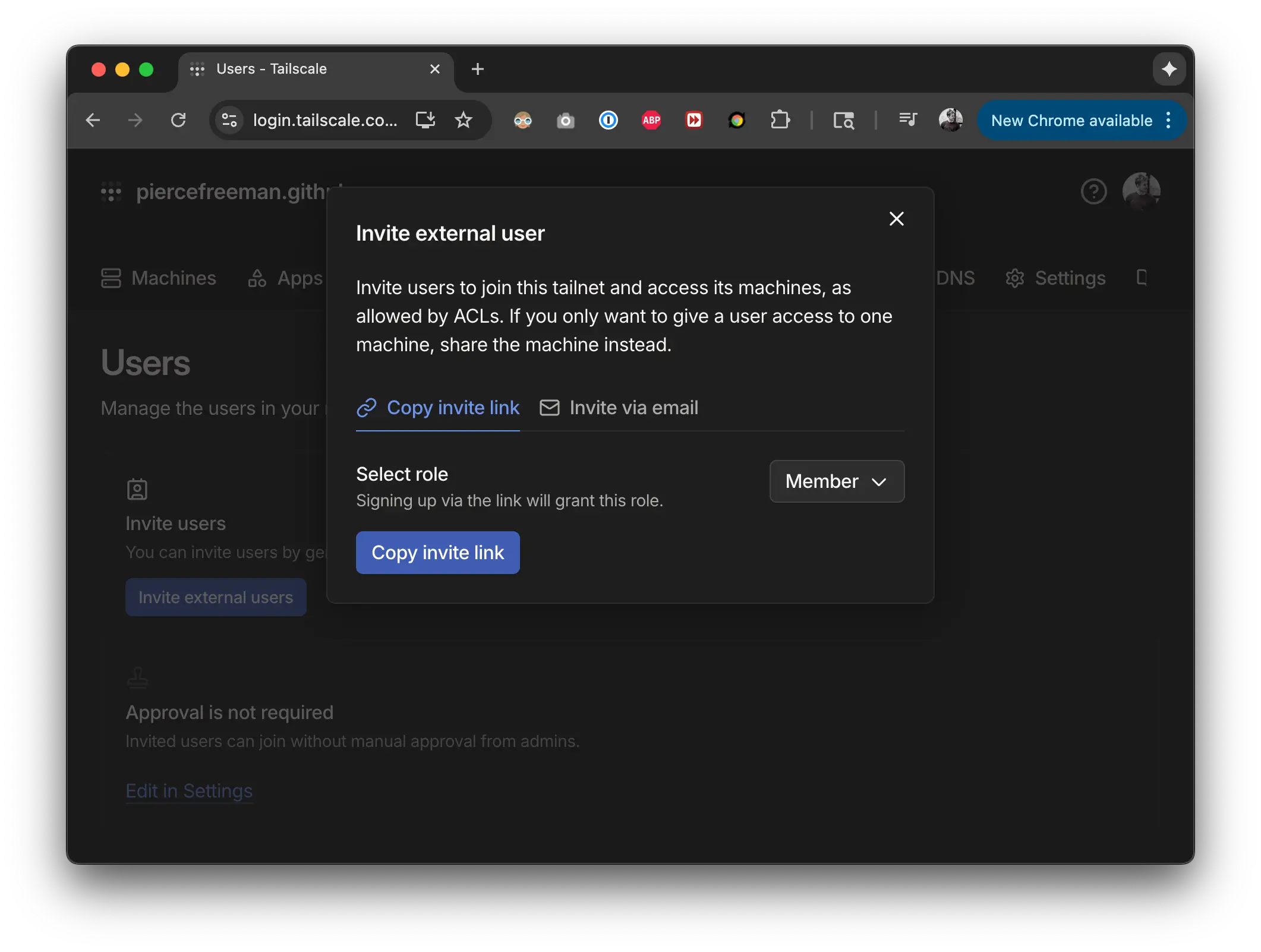 Screenshot of invite users
