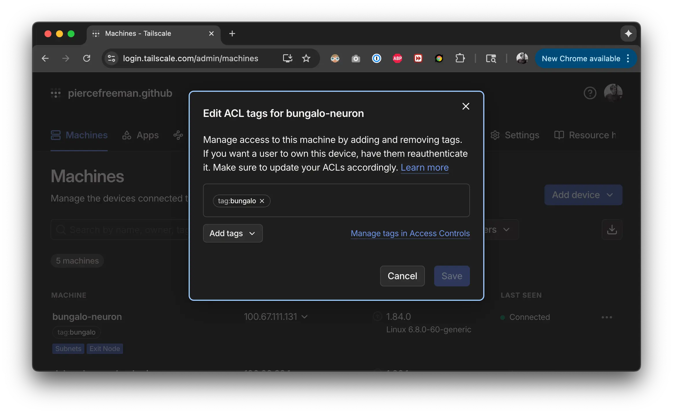 Screenshot of Tailscale tags