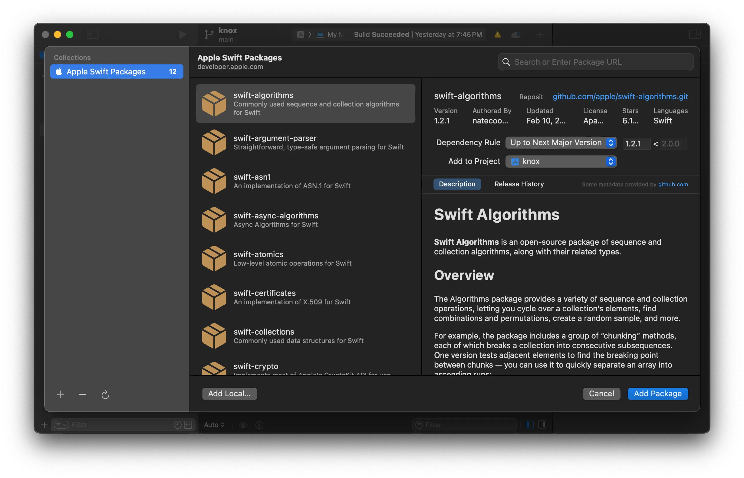Screenshot of Xcode Package Search